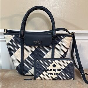 Kate Spade cruise gingham woven Tote and Ella continental Wallet MRSP $659
